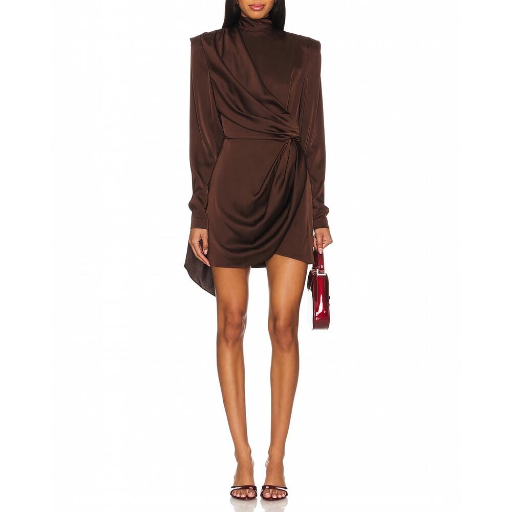 NWT Ronny Kobo Bianca Dress Chocolate Brown Draped High Neck Mini Dress - Size M - Picture 6 of 13